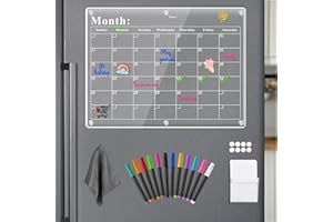 SMARPAU Magnetic Acrylic Calendar for Fridge 15.8"x11.8" Acrylic Magnetic Dry Erase Board Clear Monthly Planning Board for Refrigerator Set Includes 12 Colorful Markers Pen Holder and Erase Towel