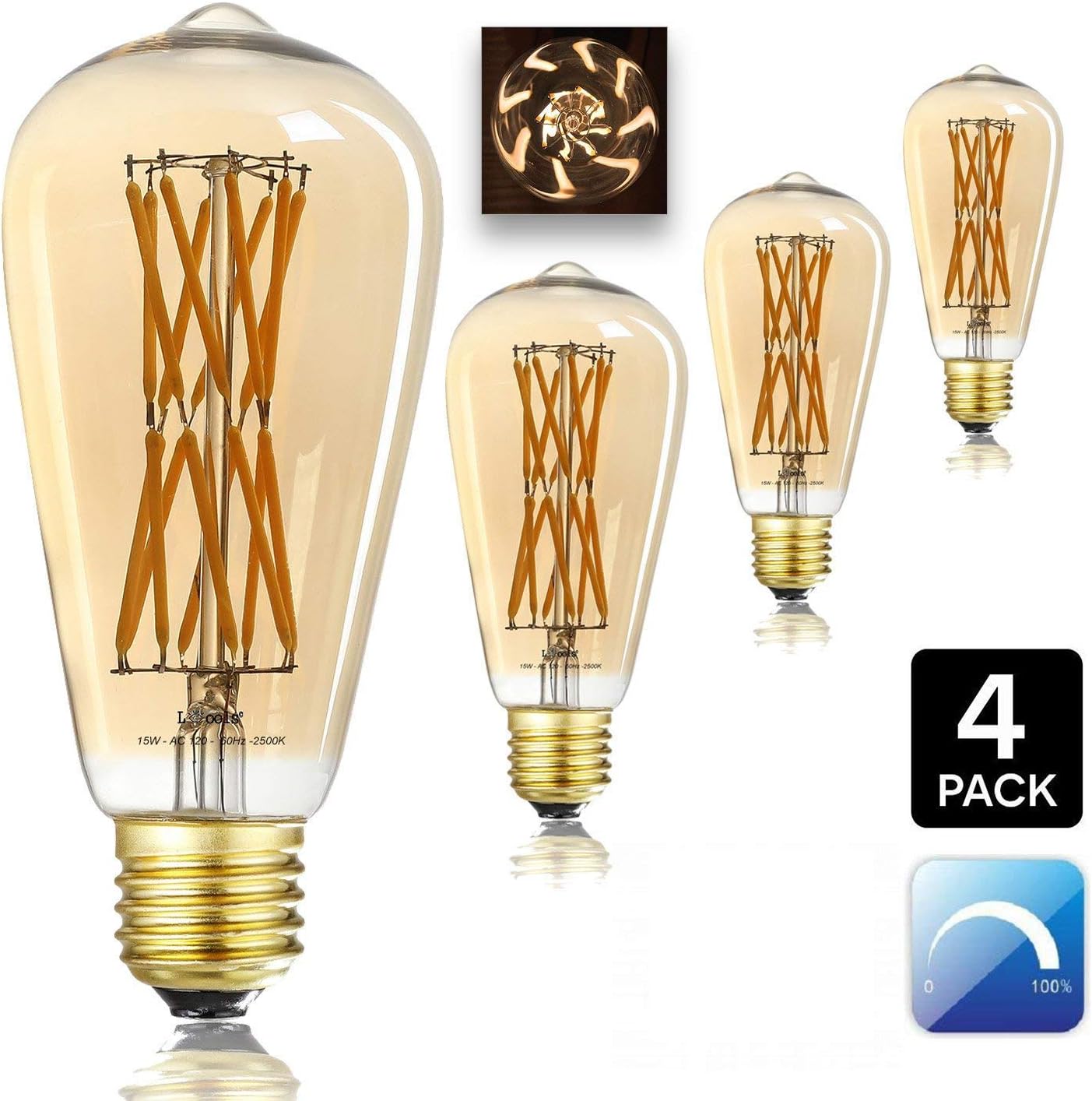 Leools Dimmable Vintage Edison Led Bulbs 15W Antique Style Edison Light Bulbs,120W Equivalent, 2500K Warm White (Amber Gold Glass), Squarrel Cage Filament Vintage Light Bulb,ST64, E26 Base,4-Pack.