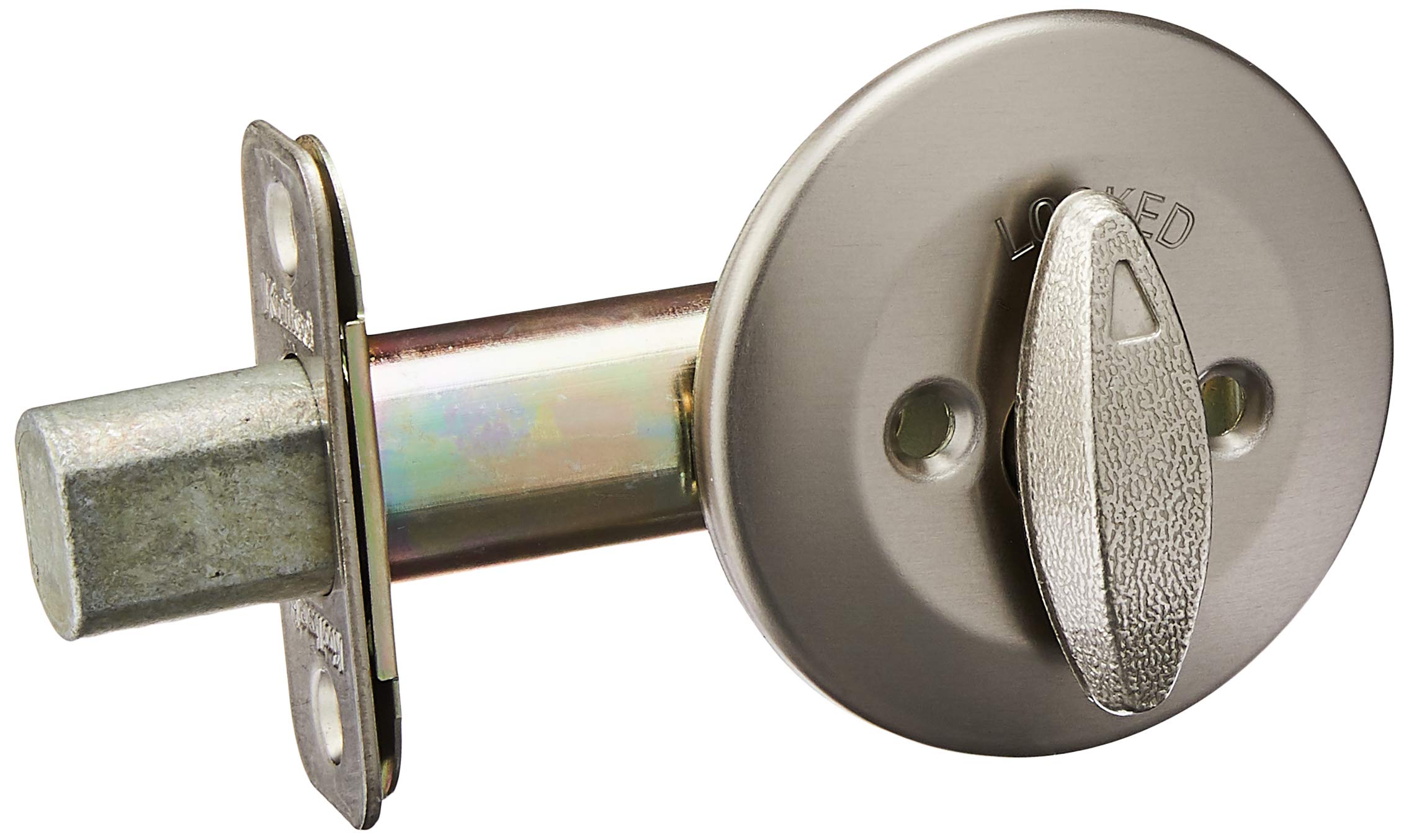 Photo 1 of Kwikset 663 Deadbolt Unkeyed Deadbolt Lock, Satin Nickel Round Interior Turn Piece for Front Entry Door, with Latch and Adapter, No Exterior Assembly