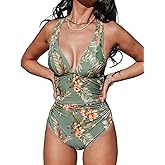 CUPSHE Women's One Piece Swimsuit Tummy Control Deep V Neck Double Straps Crisscross Back Tie Bathing Suit