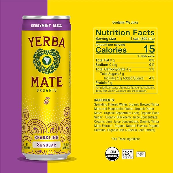 GUAYAKÍ YERBA MATE SPARKLING ORGANIC BERRY MINT BLISS FLAVOR, 12 OZ, 80MG NATURAL CAFFEINE, SMOOTH ENERGY & FOCUS, CARBONATED BEVERAGE