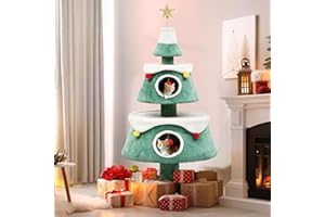 DWVO Christmas Cat Houses for Indoor Cats, Christmas Cat Tree Tower with 2 Cozy Houses, Kitty Furniture with Teaser Plaything for Christmas Decoration