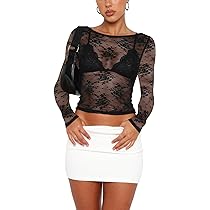 Tシャツ・カットソー lotsyou_April Blossom Lace Top Amazon.com: Women Floral Lace Crop Top Y2k Sheer Mesh See
