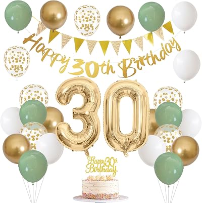 Jobkoo Sage Green Gold 30th Birthday Decorations Banner Balloon Set