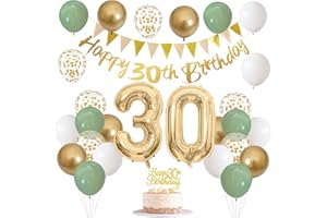 JOBKOO 30th Birthday Decorations for Women Men, Happy Banner With Cake Topper Number 30 Foil Balloon, Sage Green White Gold Balloons for 30 Year Old Party Decoration