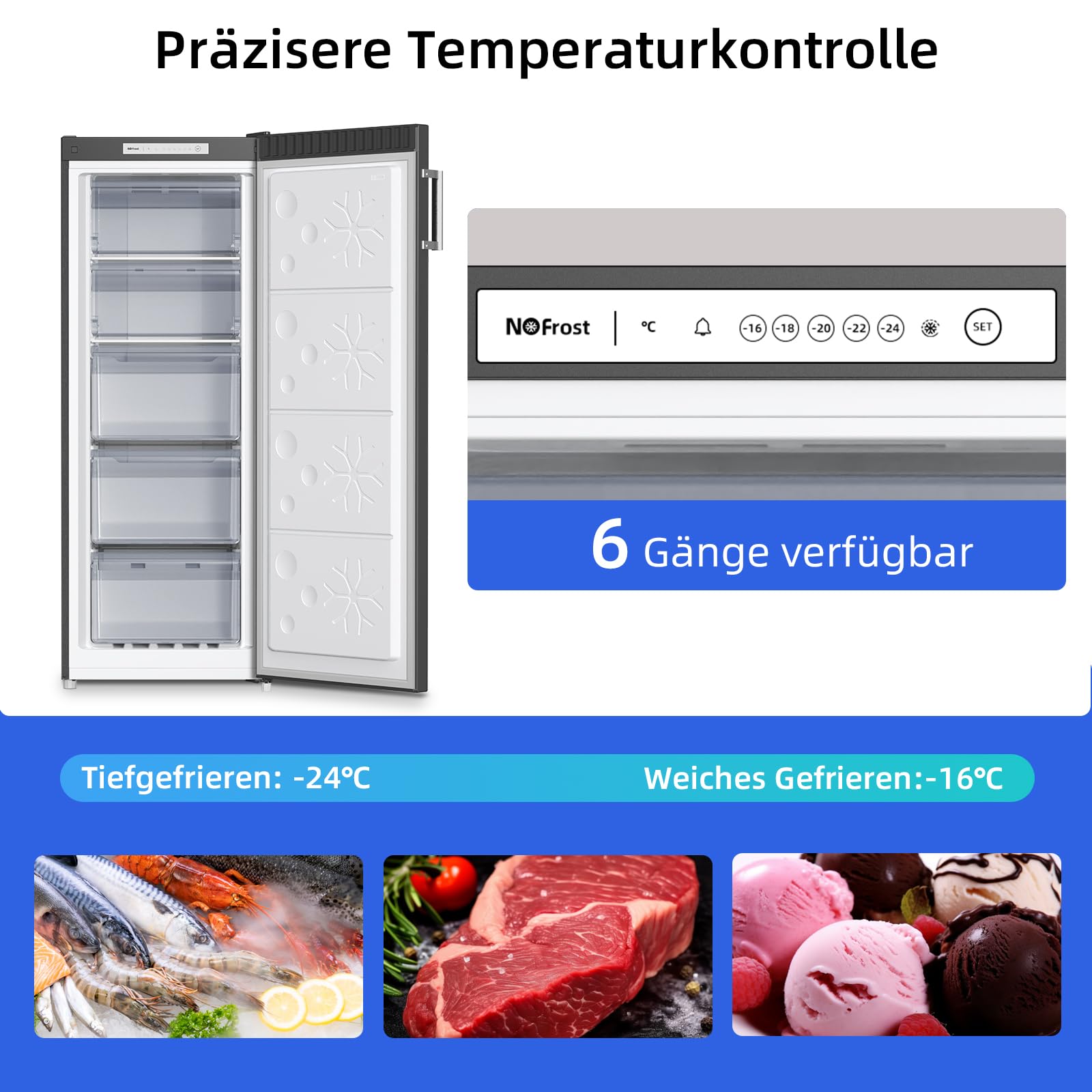 CHiQ Gefrierschrank No Frost 166 L, MultiAirflow, 4-Sterne-Gefrieren｜5 Schubladen + 1 obere Klappe, 144cm H | 209 kWh/Jahr, mit LED, Wechselbarer | Schwarz, FSD166NE4E 4