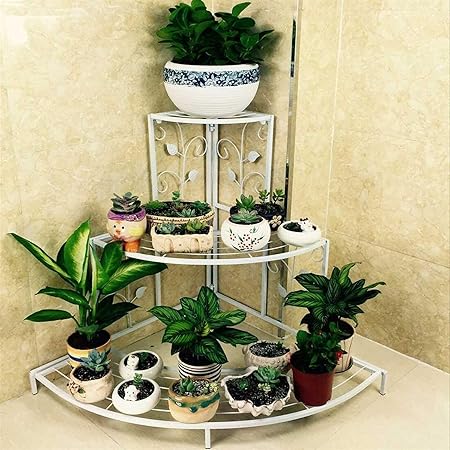 Zain Decor Home Decorative 3-Tier Metal Plant Stand Floral Corner Shelf Metal Flower Pot Rack Stair-Step Style 81cm x 57cm x 70cm (L x W x H) (White)