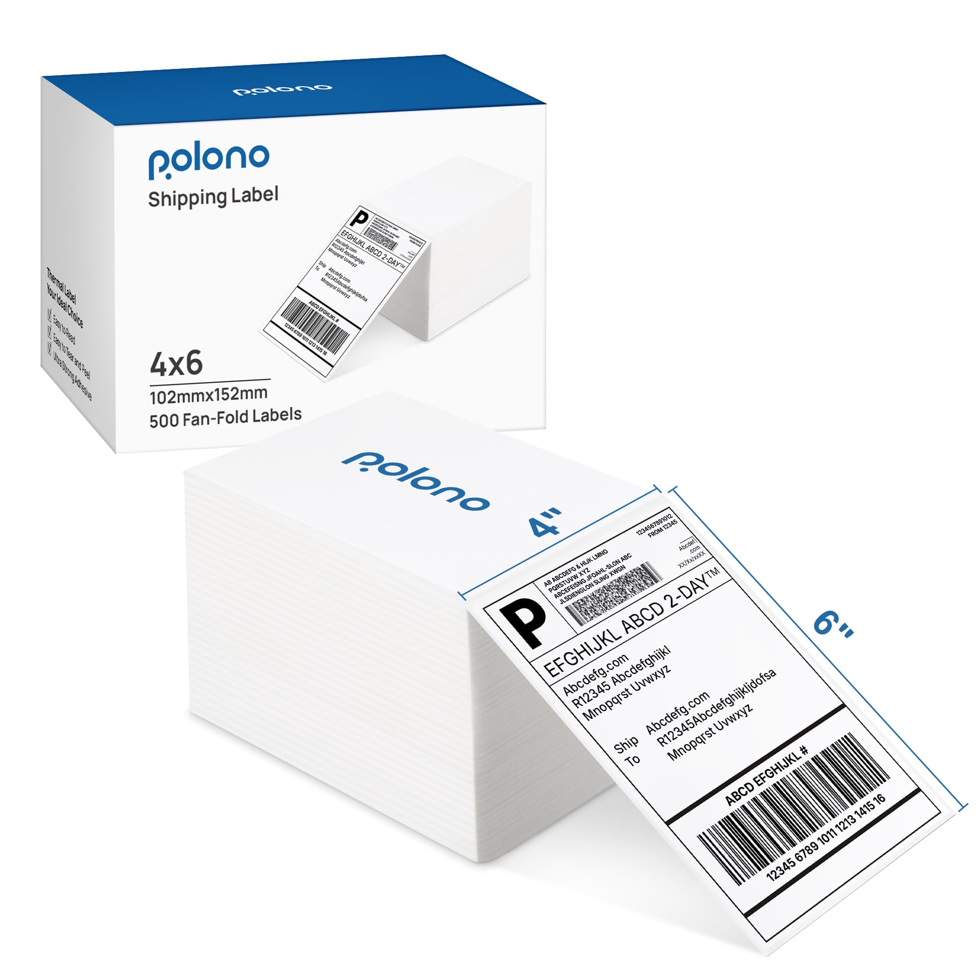 Thermal Labels, POLONO 4" x 6"（100mm×150mm） Direct Thermal Shipping Labels (Pack of 500), Perforated Fanfold Labels Compatible with POLONO PL60 Label Printer MUNBYN, Rollo, IDPRT SP410