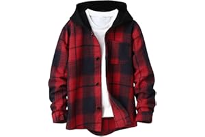 QLIPIN Boys Plaid Hooded Shirts Kids Long Sleeve Button Down Flannel Shirts Spring Fall Jacket Casual School Clothes 5-10 Years