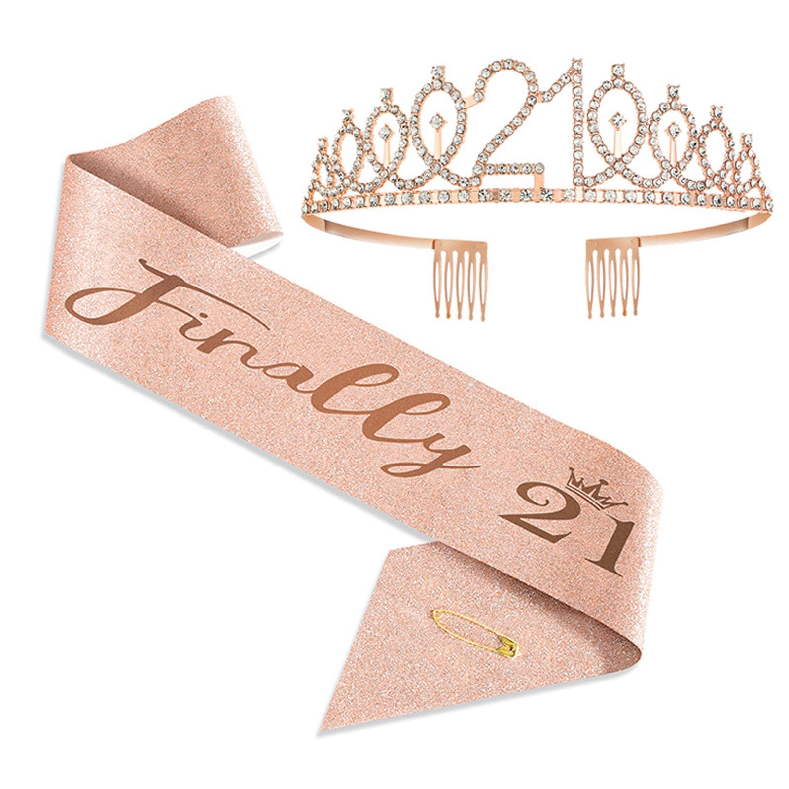 JOUWUI 21st Birthday Crystal Tiara and Sash, Rose Gold Rhinestone Crowns and Sash for Women, 21st Birthday Decorations