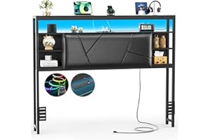 Hyomdeck Full Size Headboard with Charging Station and Smart RGB LED Light, Full Bed Upholstered Head Board with Storage Shelves, Sturdy and Solid Headboards for Bedroom, Guest Room and Dorm, Black