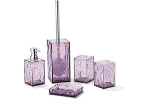 YAUKPH Clear Acrylic Bathroom Accessories Set - Rust-Free, Transparent Design - Includes Soap Dispenser, Toothbrush Holder, Cup, Soap Dish, and Toilet Brush 5-Piece (Lavender Purple)