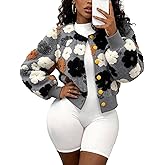Flygo Women's Cropped Floral Print Bomber Jacket Warm Fleece Varsity Jacket Casual Button Down Puff Sleeve Coat Outerwear