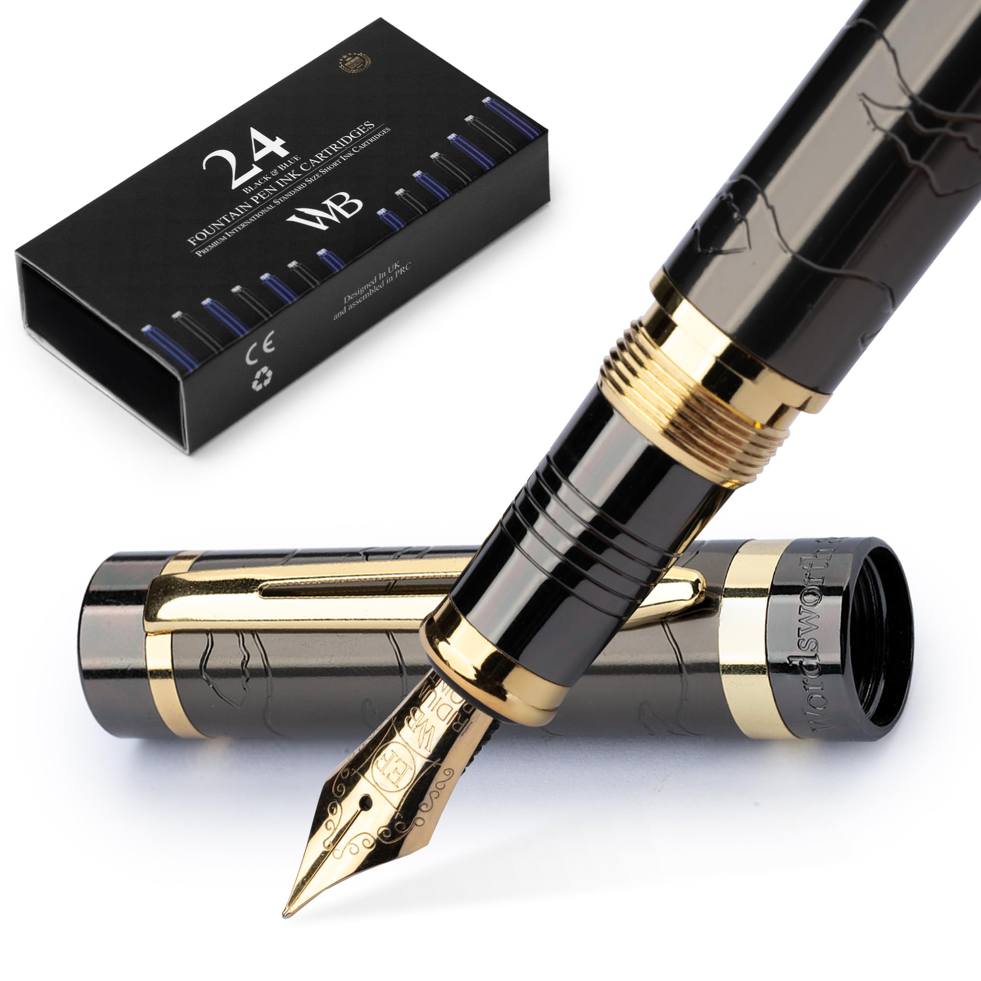 Wordsworth & Black Primori Fountain Pen Set [Gunmetal Gold]; Extra Fine Nib, Gift Case, 24 Ink Cartridges, Refill Converter, Manual; Journaling, Calligraphy, Smooth Writing Pens; Left and Right Handed