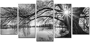 sechars - 5 Pieces Wall Art,Old Tree by Lake Picture Canvas Prints Sunrise Painting Black and White Landscape Canvas Art,Modern Wall Decoration,Framed and Ready to Hang