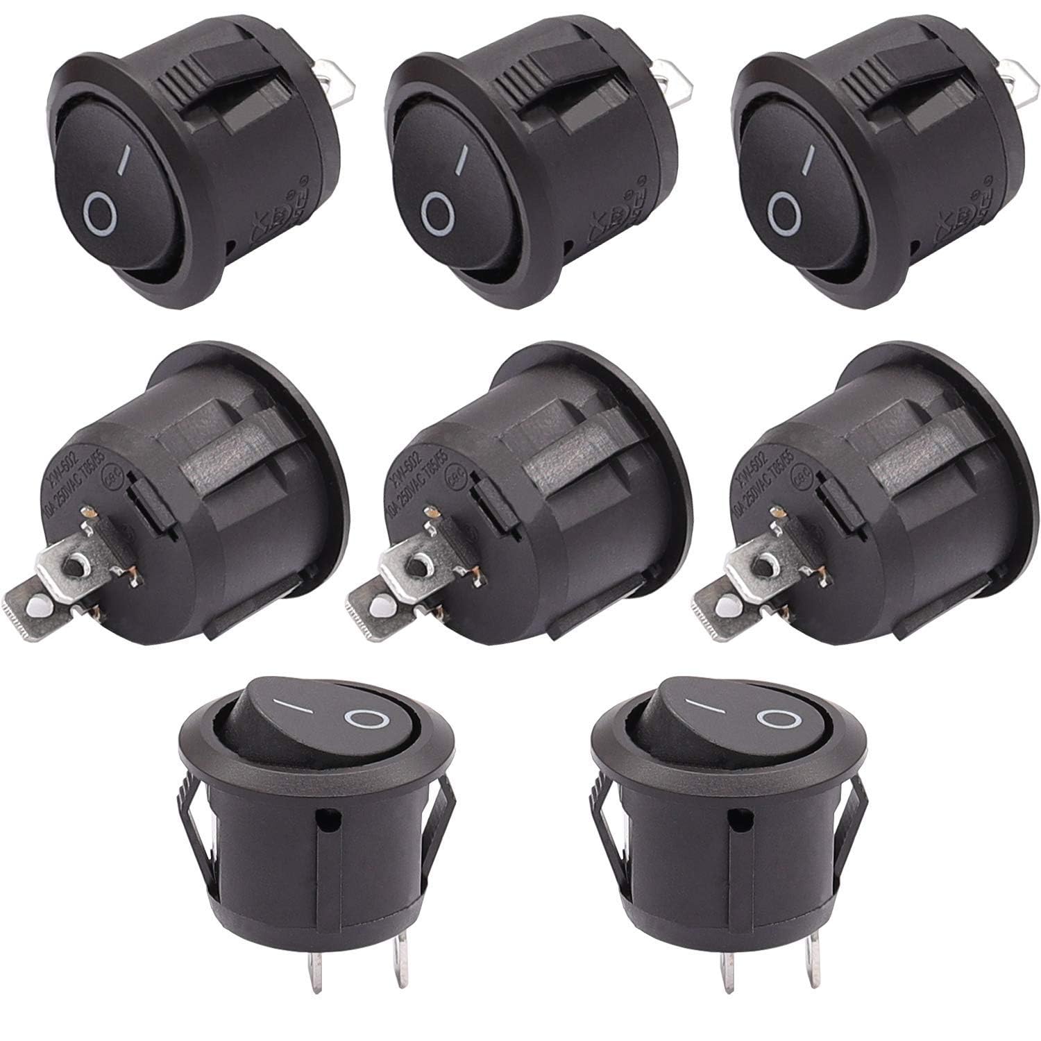 Taiss/8Pcs 12V Round Rocker Switch AC 6A/250V 10A/125V SPST 2 Pin 2 Position On/Off Toggle Switch for Car Boat Automotive RV Black KCD1-5-101-BK