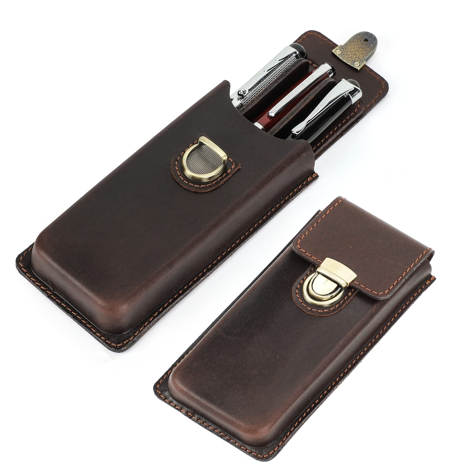 CONTACTS Genuine Leather Pen Case, Vintage 3 Pens Holder,Pen Protective Sleeve for Travel, Elegant Desk Accessory,Pencils Organizer Box