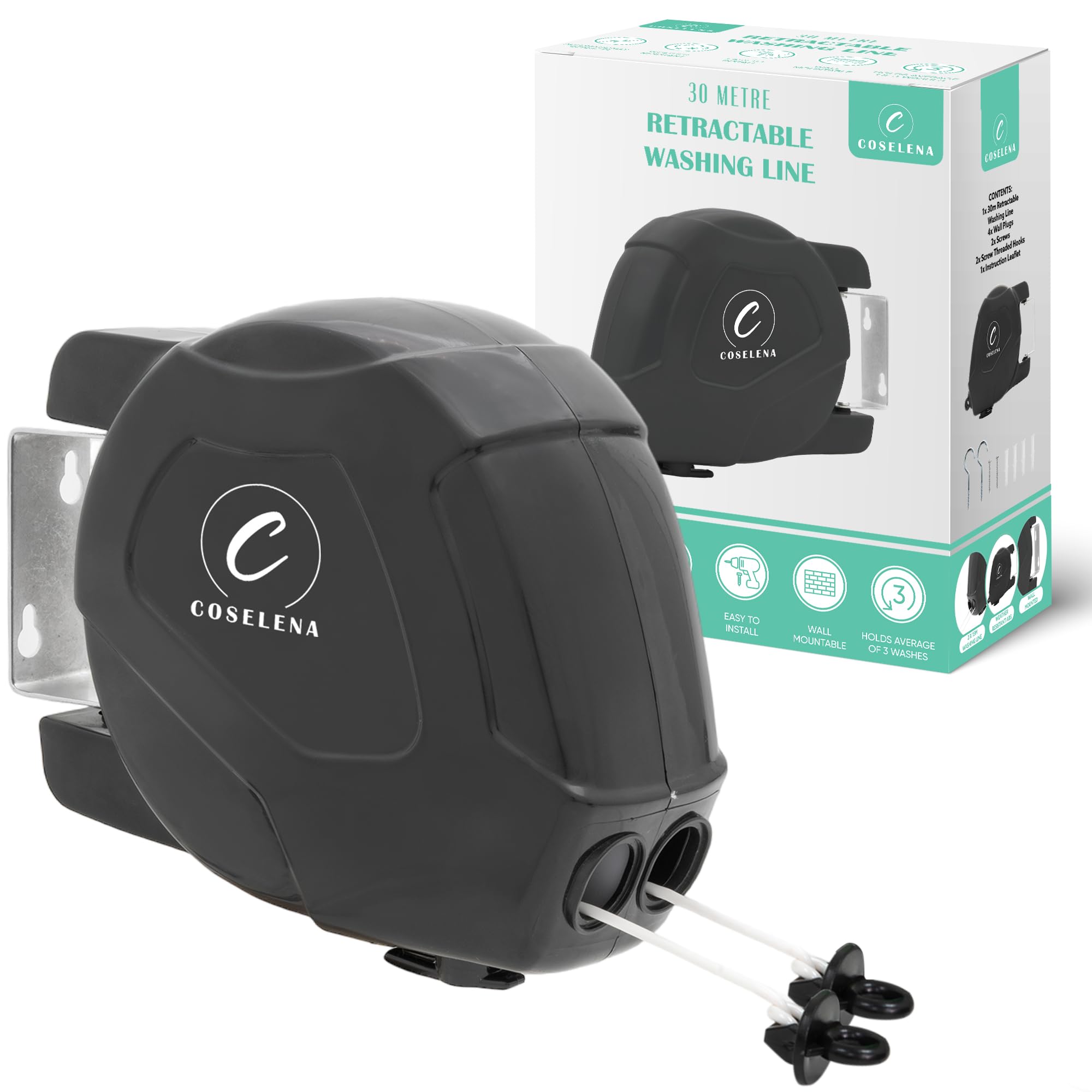 Coselena 30m Retractable Washing Line – Heavy-Duty Twin Clothes Line with Hook – Extendable Non-Slip Clothes Dryer for Indoor & Outdoor Use – Black