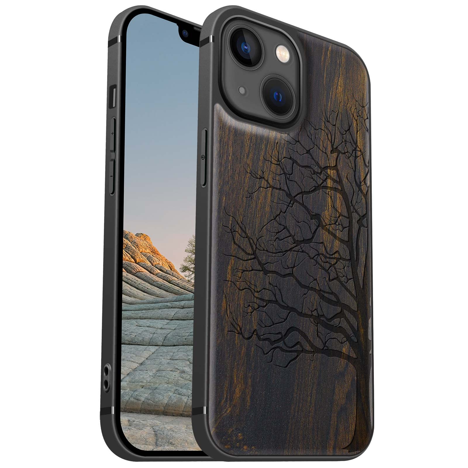 Carveit Magnetic Wood Case for iPhone 13 Mini Case [Hard Real Wood & Soft TPU] Shockproof Hybrid Protective Cover Unique & Classy Wooden Case Compatible with MagSafe (Eternal Tree-Blackwood)