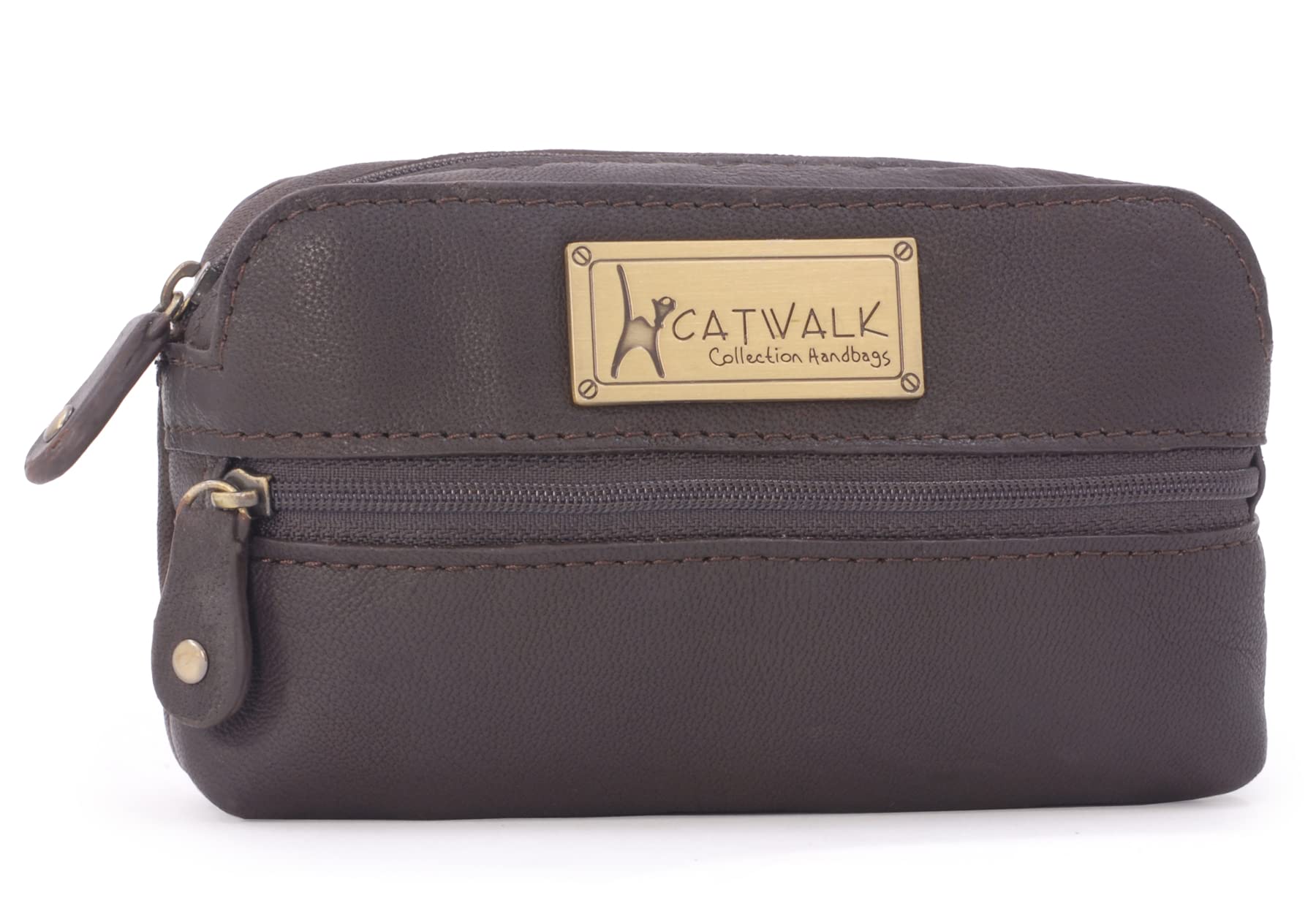 Catwalk Collection Handbags - Ladies Small Leather Cosmetic Bag - Accessories & Makeup Pouch for Handbag - Compact Camera Case - Savannah - Brown