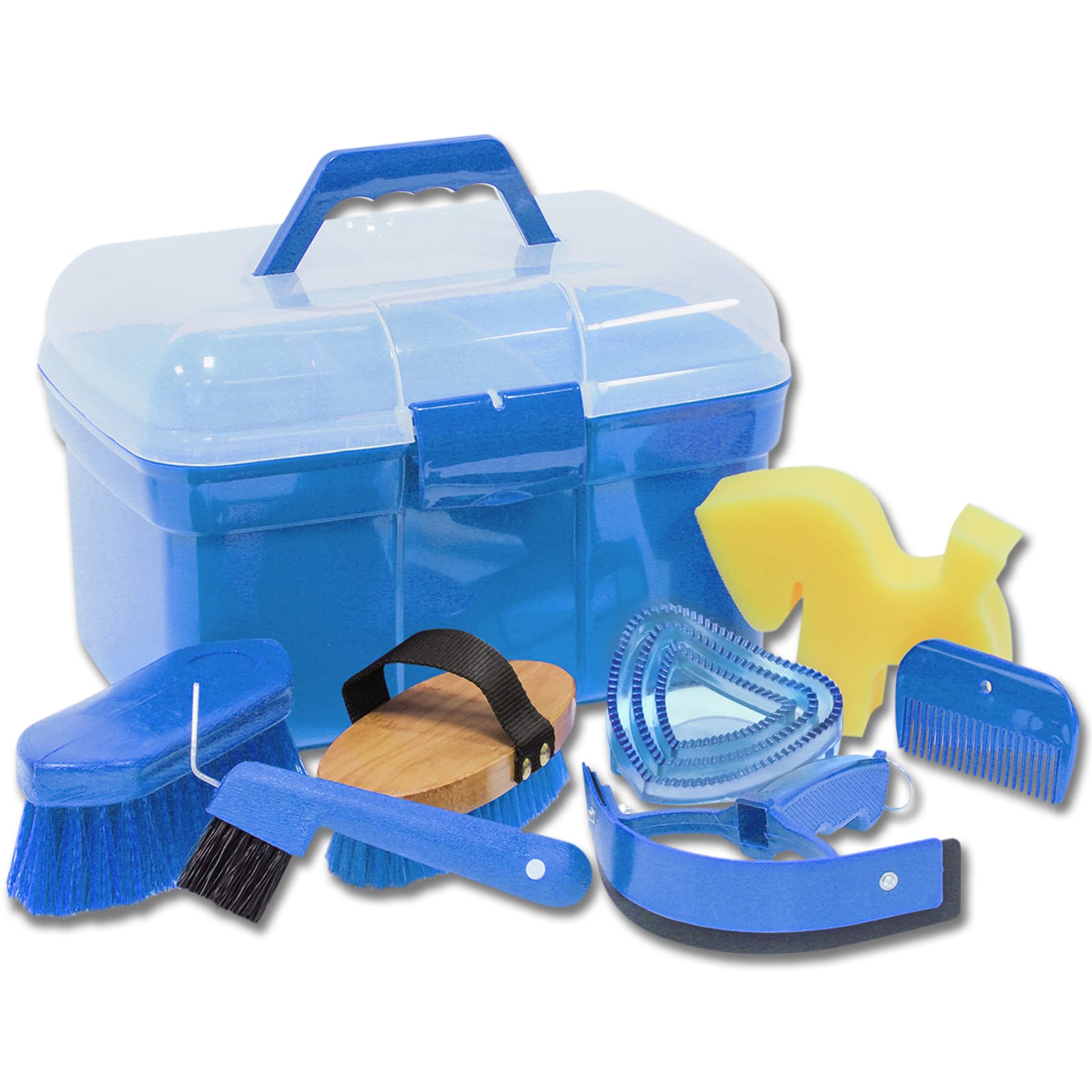 Cleaning box for children, including brush, root brush, mane comb, hoof scraper, mini welding knife and horse sponge, Unisex, azure blue โ image 1