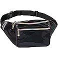 Black Holographic Fanny Pack Belt bag - Crossbody Waist Bag for Men or Women - Hands-Free, Waterproof Large Bumbag for Hiking, Running, and Travel