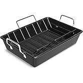 HomeCurated Large Roasting Pan With Rack 17'' x 12'' - Heavy Duty Carbon Steel Nonstick Roaster Pan with U Rack Bakeware Tray for Turkey, Chicken, Veggies - Oven, Broiler & Dishwasher Safe
