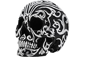 CHDL Realistic Resin Skull Head - 5.2 Inch Gothic Skeleton Skull Decor with Silver Patterns, Halloween Skull Decoration for Home, Office Desk, and Spooky Party Decor
