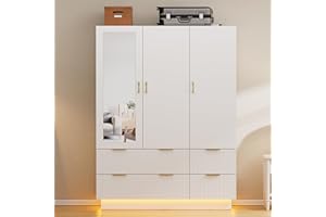 PAKASEPT Armoire Wardrobe Closet with 3 Door, Bedroom Armoires with Mirror and LED Lights, Hanging Rod, Drawers, Large Capacity Storage Wardrobe Armoire for Bedroom
