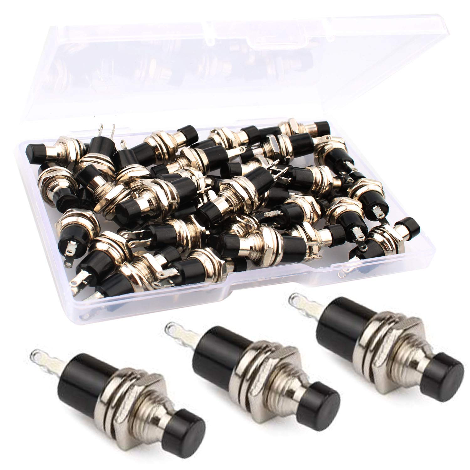 RUNCCI-YUN 30pcs black 7mm Momentary Mini Push Button Switch Normal Open, 250VAC 1A SPST ON/OFF 2 Pin Round push switches for Model Railway Hobby