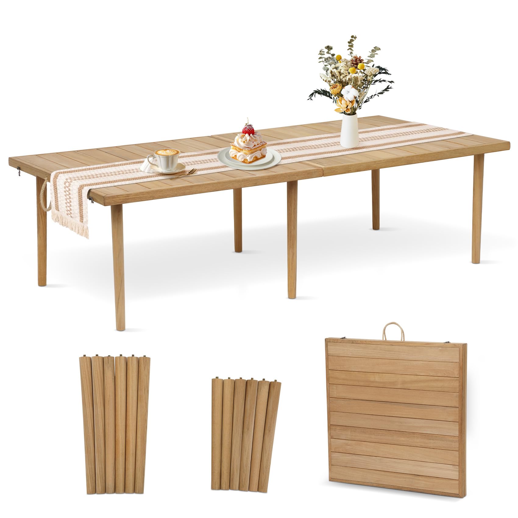 Photo 1 of JOYTRADE Teak Low Picnic Table 60" x 30", Boho Picnic Table with Two Sets of Adjustable Legs for 6-8 People to Outdoor Dining, Picnics & Parties
