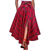SHENHE Women's Plaid Flowy Slit Maxi Skirt Bow High Waist A Line Asymmetrical Hankerchief Skirt