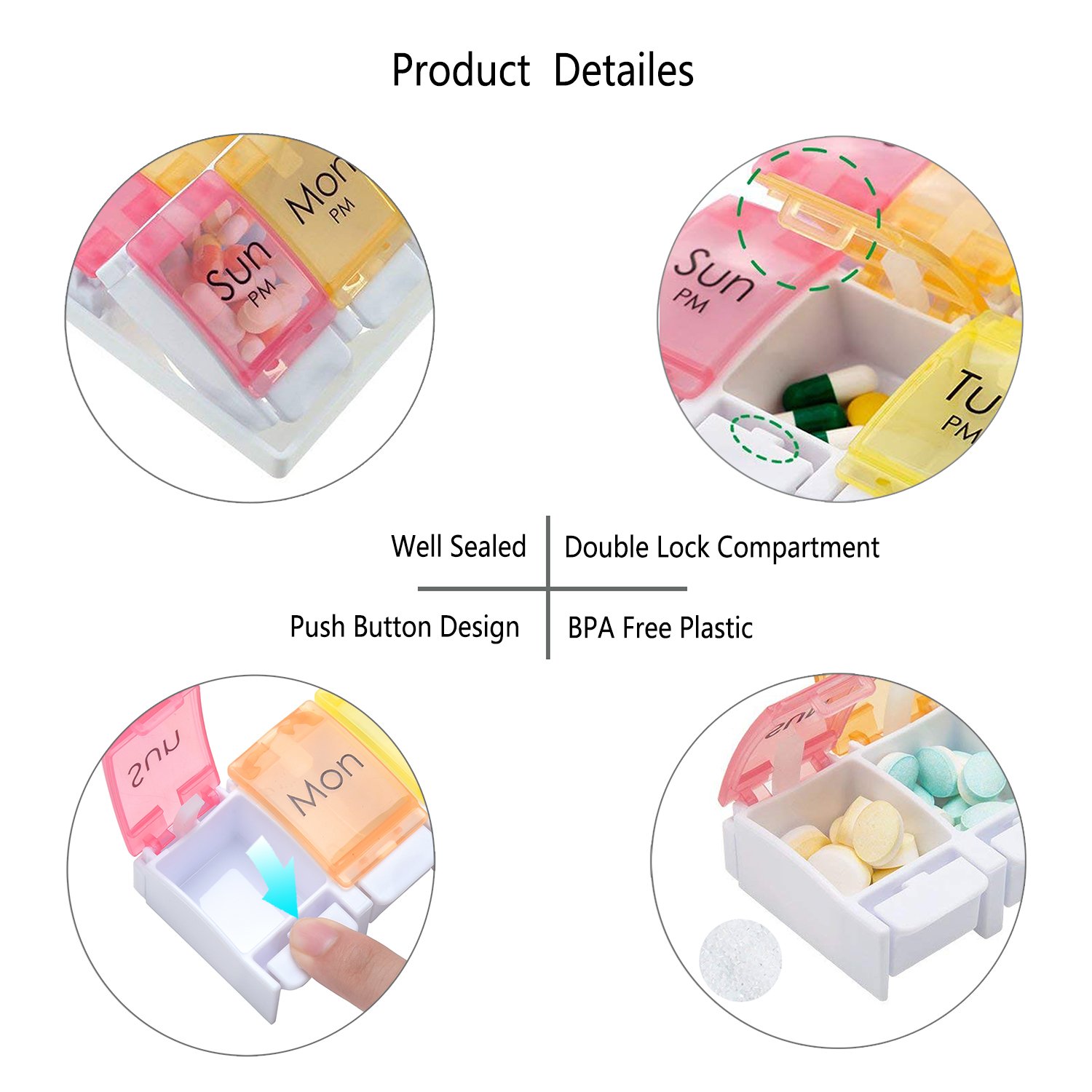 Pill Organizer, CHC Weekly Pill Planner Portable Travel Pill Container with Spring Assisted Open Large Compartments to Vitamins, Fish Oil, Supplements, Rainbow