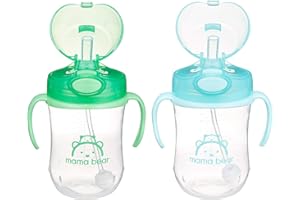 Amazon Brand - Mama Bear Silicone Weighted Straw Sippy Cup, 9 Ounces, Pack of 2, Blue/Green