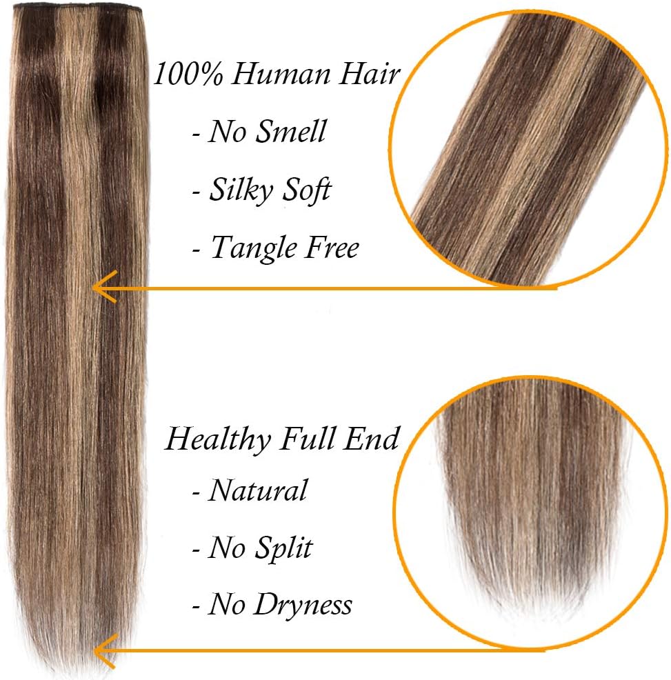Silk-co One Piece Clip on Hair Extensions Seamless Clip in Hair Extension Human Hair Highlighted 3/4 Half Head Real Remy Hair (16 inch-45 grams - Image 3