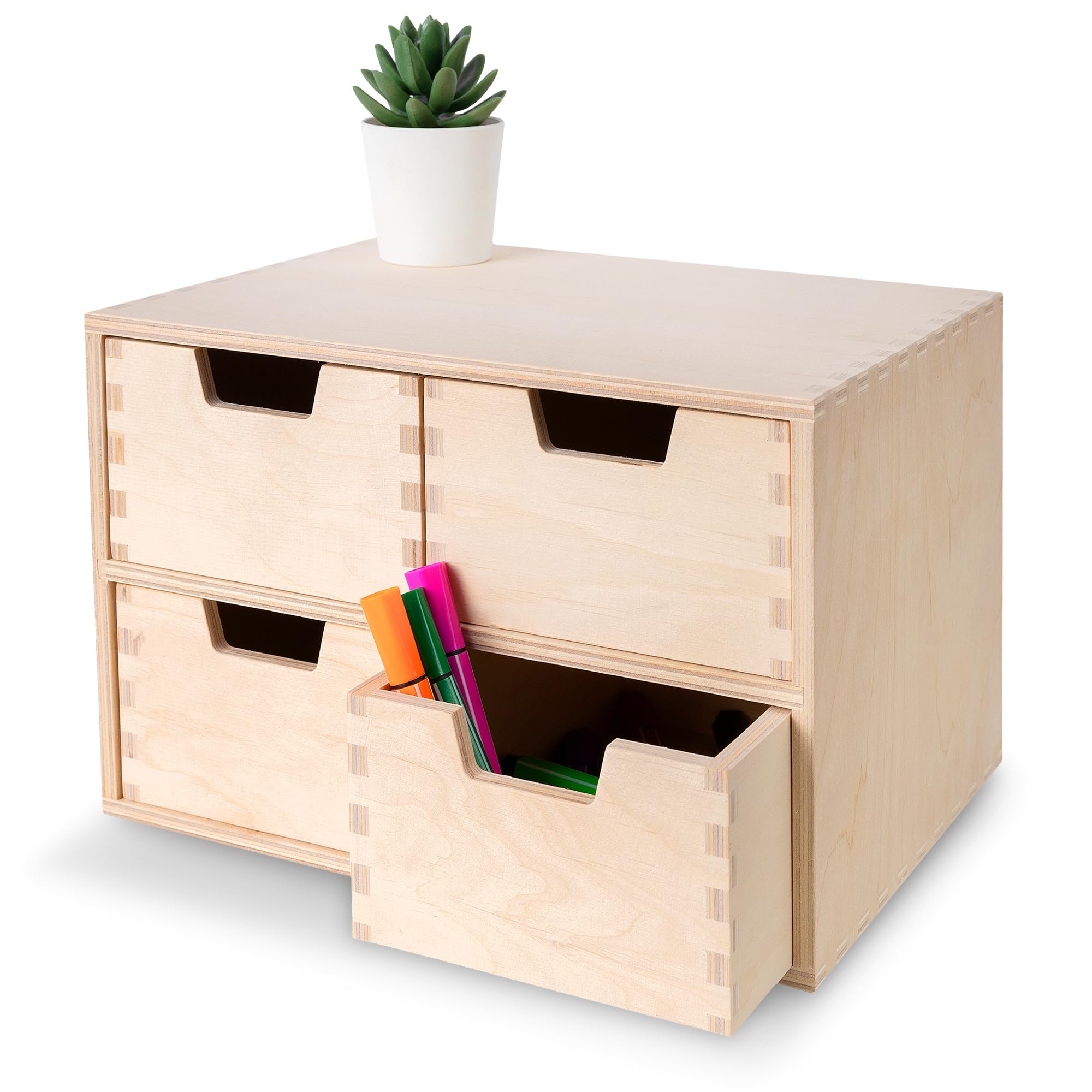 Creative Deco Mini Wooden Chest of Drawers | 28.5x20x19cm | 4 Compartments | Desk Organiser for Paper Work Documents | Plain Stationary Organiser for Office Accessories | Large Storage Box with Drawer