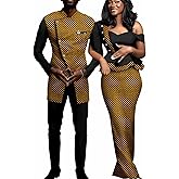 Realwax African Couple Outfits Women Print Wax One Shoulder Pencil Dress with Men Dashiki Jacket Shirt and Pants Sets