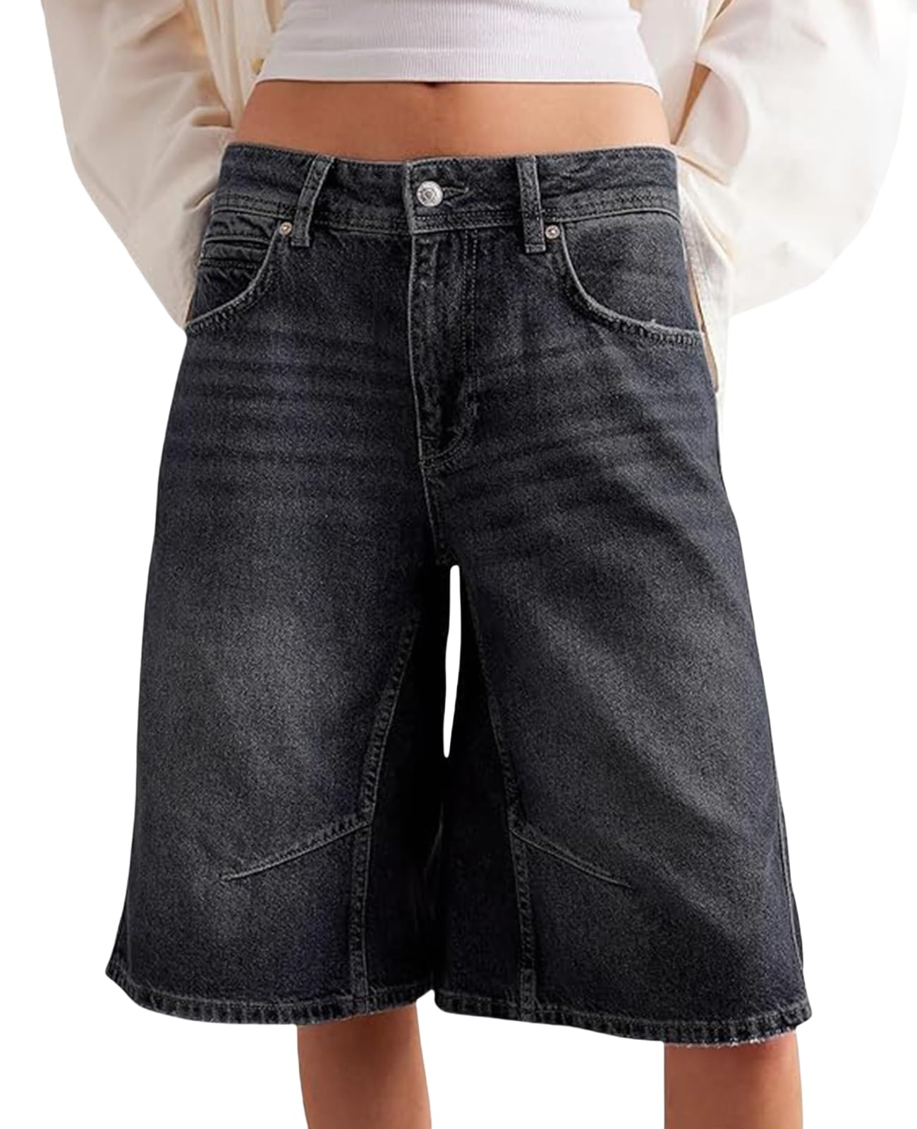 Photo 1 of (missing button) TITOMD Jean Bermuda Jean Shorts for Women Baggy Mid-Rise Denim Y2K Vintage Short Casual Summer Trendy Jorts with Pockets Beach Black Medium