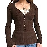 Fanvereka Women Lace Stitching V-Neck Fairy Crop Tops Y2K Long Sleeve Tight Shirt Spring Fall Downtown Girl Coquette Clothing