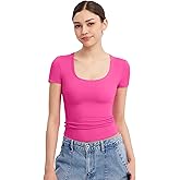 PUMIEY Short Sleeve T Shirts for Women Scoop Neck Top Basic Going Out Crop Tops Summer Slim Fit Tee Shirt Blush, Large