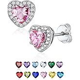 Dainty Sterling Silver Birthstone Stud Earrings, Heart Crystal Stud Earring, Jan - Dec Birthday Gift for women/Come with Box