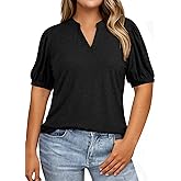 Eytino Womens Plus Size Tops V Neck Puff Short Sleeve Summer Loose Casual Solid Tees Shirts(1X-5X)