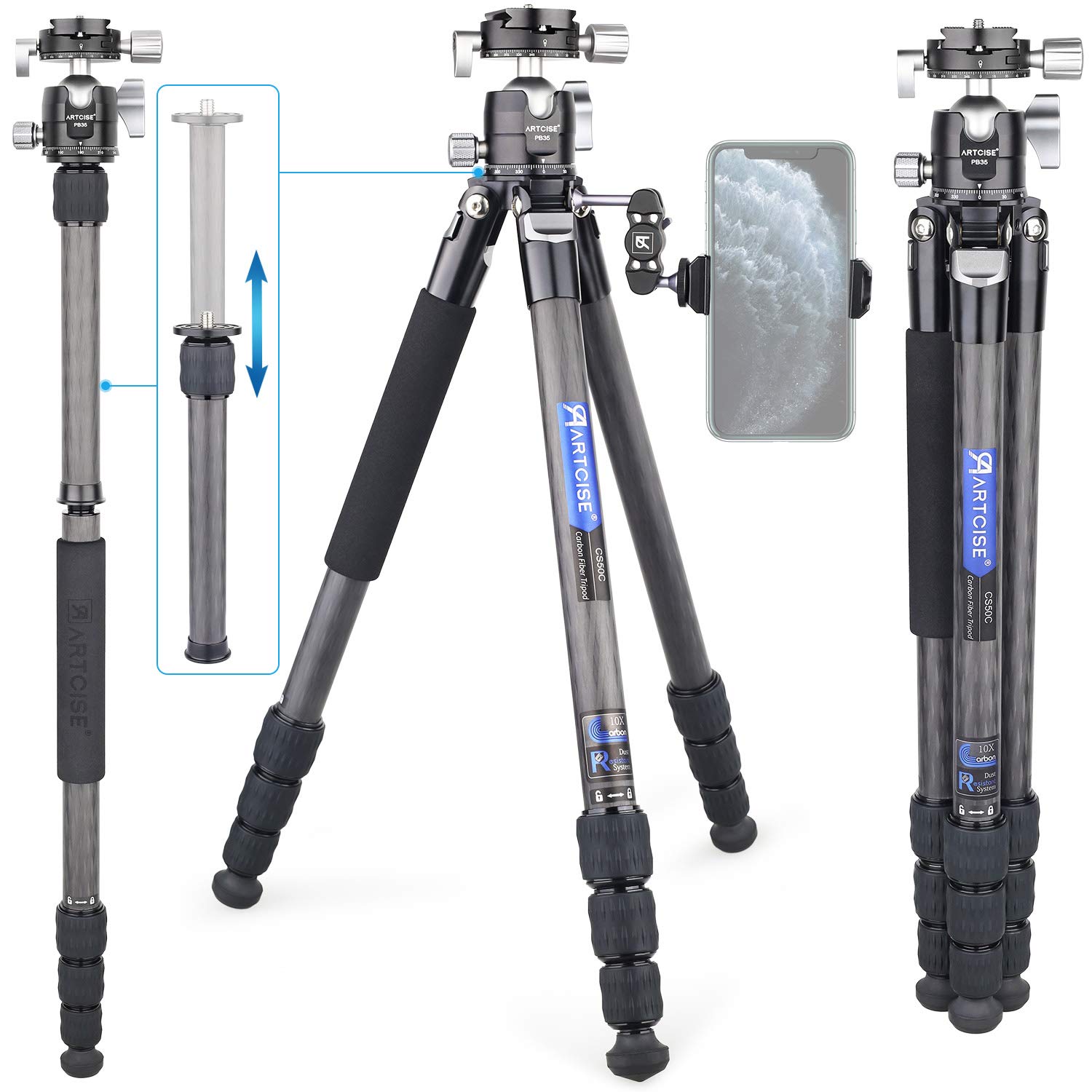 ARTCISE Carbon Fiber Tripod Travel Tripod with 35MM Low Profile Ball Head and Two 1/4 inch Quick Shoe Plate for DSLR Camera,Video Camcorder, Max Load 44 lbs/20kg, Maximum height: 63.8inch