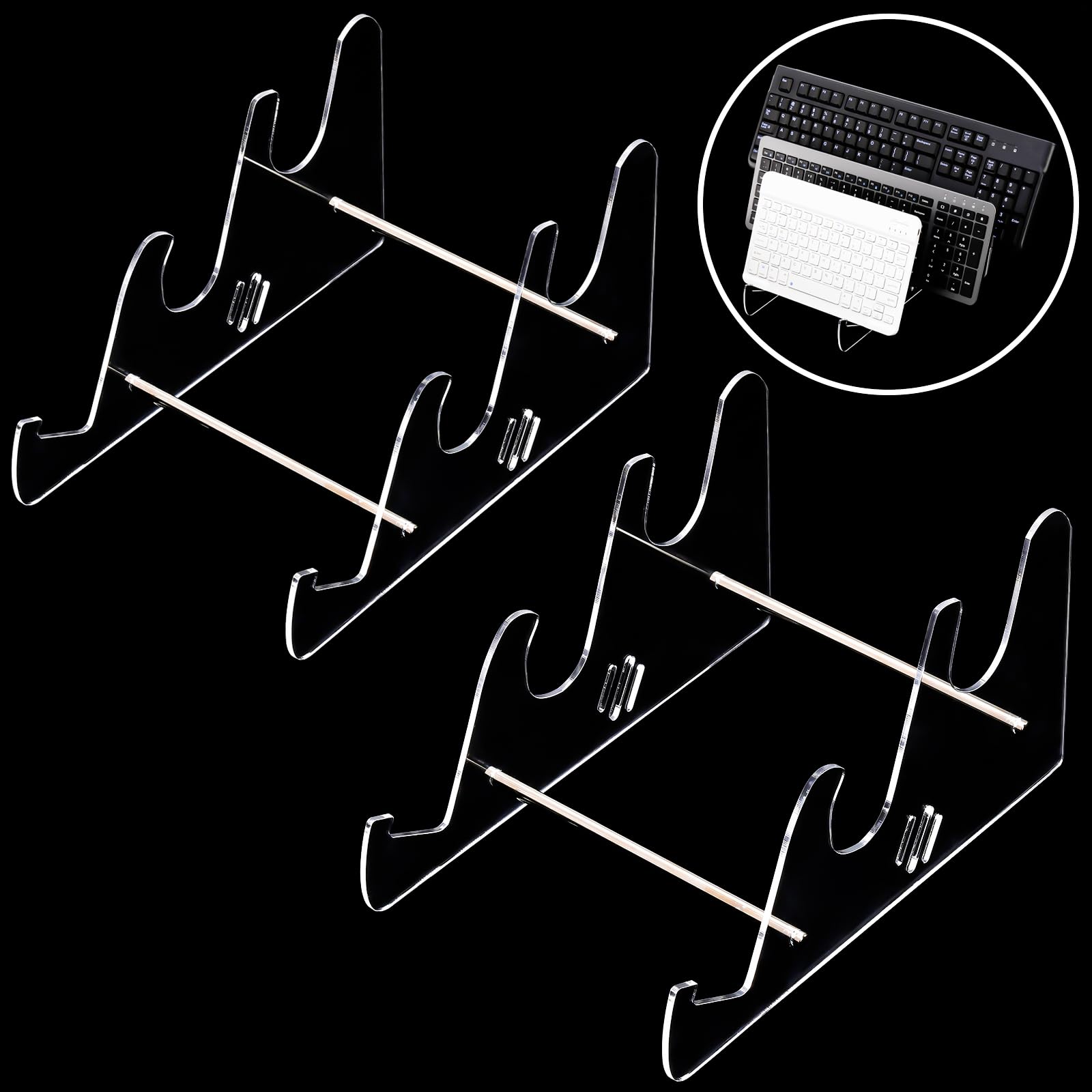 Photo 1 of Elsjoy 2 Pack Acrylic Display Stand, 3-Tier Mechanical Keyboard Holder, Desktop Clear Rack Computer Storage Shelf for 6 Keyboards (Each Holds 3)