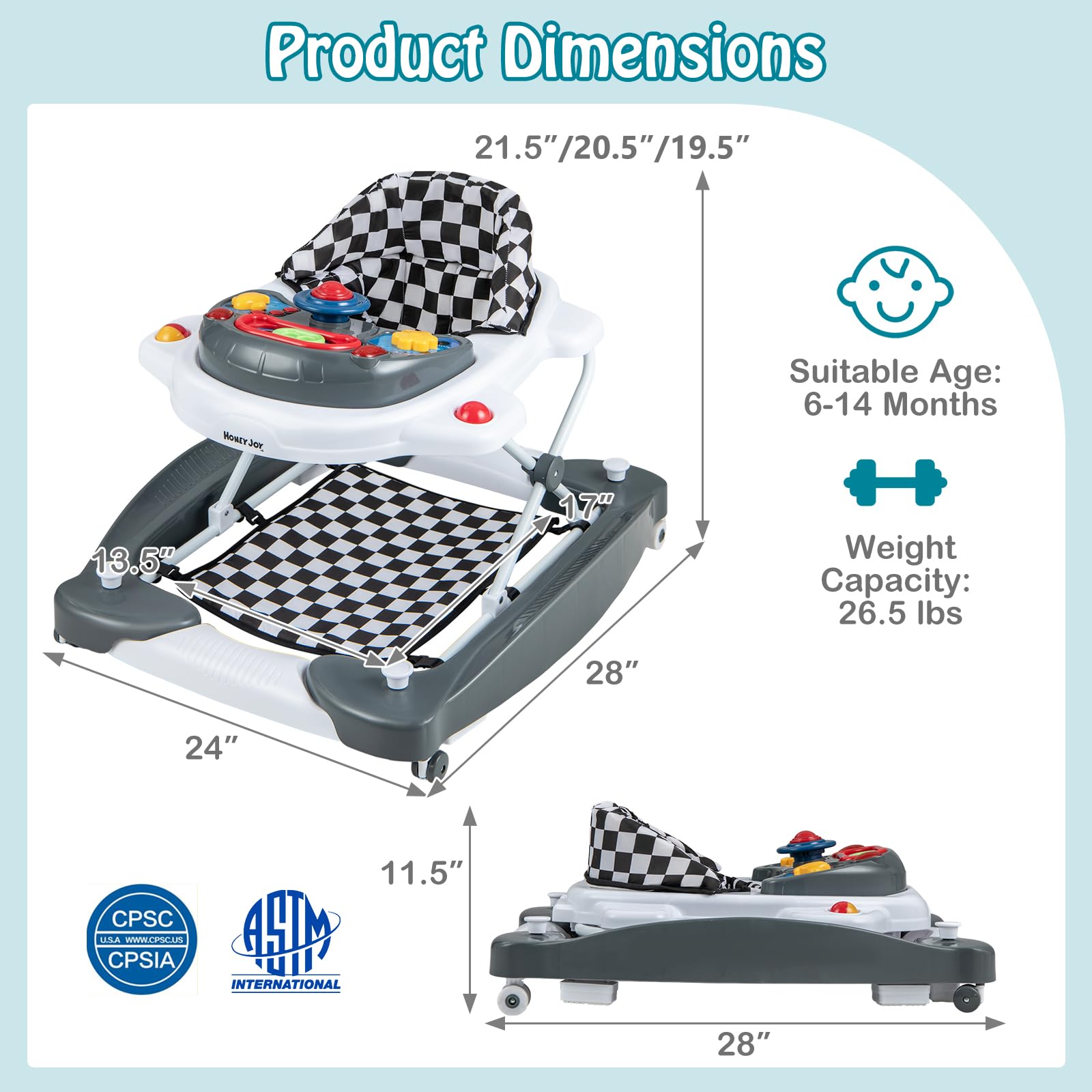 HONEY JOY Baby Walker, 6-in-1 Foldable Baby Walker and Bouncer Combo, Infant Activity Walker with Wheels, Adjustable Heights, Rocker, Music, Lights, Walker for Baby Boy Girl 7-14 Months (Gray)