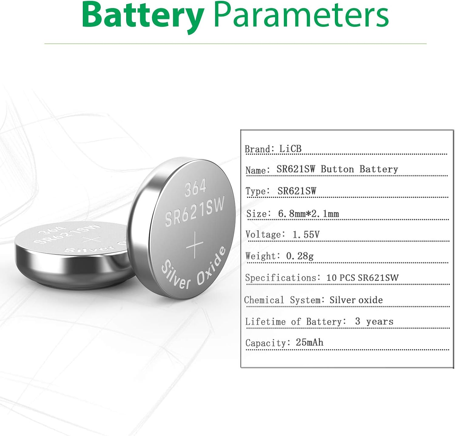 LiCB 10PCS SR621SW AG1 364 363 LR621 1.55V Button Cell Watch Batteries - Image 3