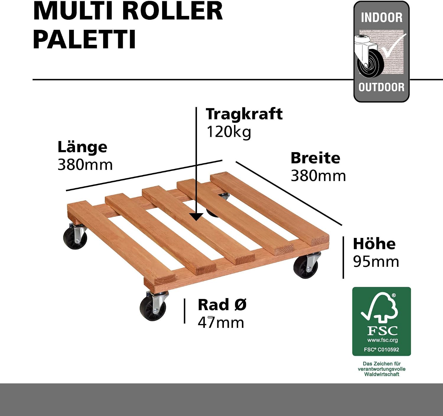 WAGNER Plant trolley PALETTI 38 x 38 x 9,5 cm I For indoor + outdoor use I Plant container trolley made of FSC®-certificated solid wood - Image 5