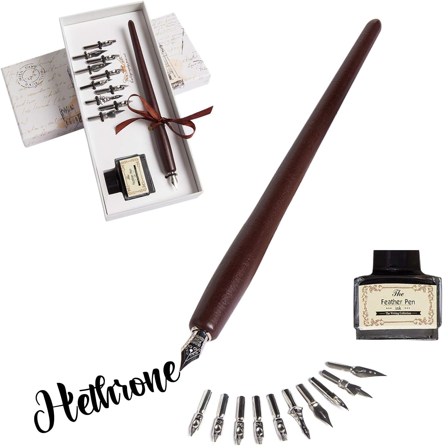 Hethrone Calligraphy Pen Set Wooden Dip Pen Handcrafted Gift Writing Case with Black Ink and 11 Nibs