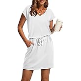 OFEEFAN Summer Dresses for Women 2026 V Neck T Shirt Casual Mini Dresses Tie Waist Sundresses with Pockets