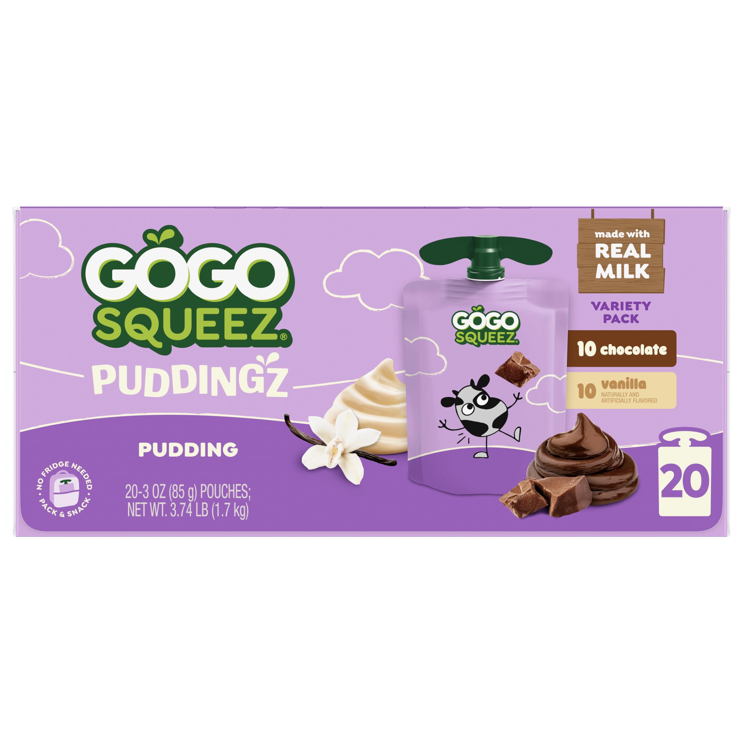 GoGo SqueeZ PuddingZ Variety Pack, On-the-Go Chocolate and Vanilla Pudding, 3 oz. Pouches (Pack of 20), BPA Free Pouches